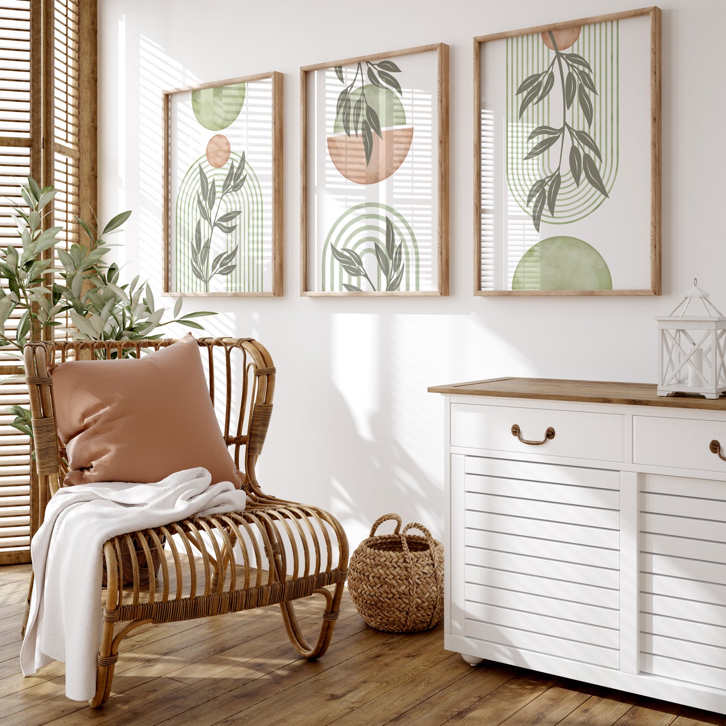 Set of 3 Sage Green and Blush Pink Boho Wall Prints, Mid Century Modern Wall Art
