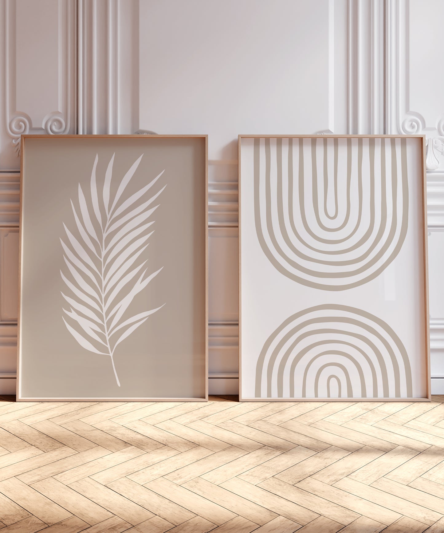 Set of 2 Beige Boho Prints, Palm Leaf and Boho Rainbow, Neutral Prints