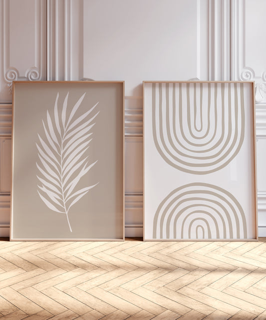 Set of 2 Beige Boho Prints, Palm Leaf and Boho Rainbow, Neutral Prints