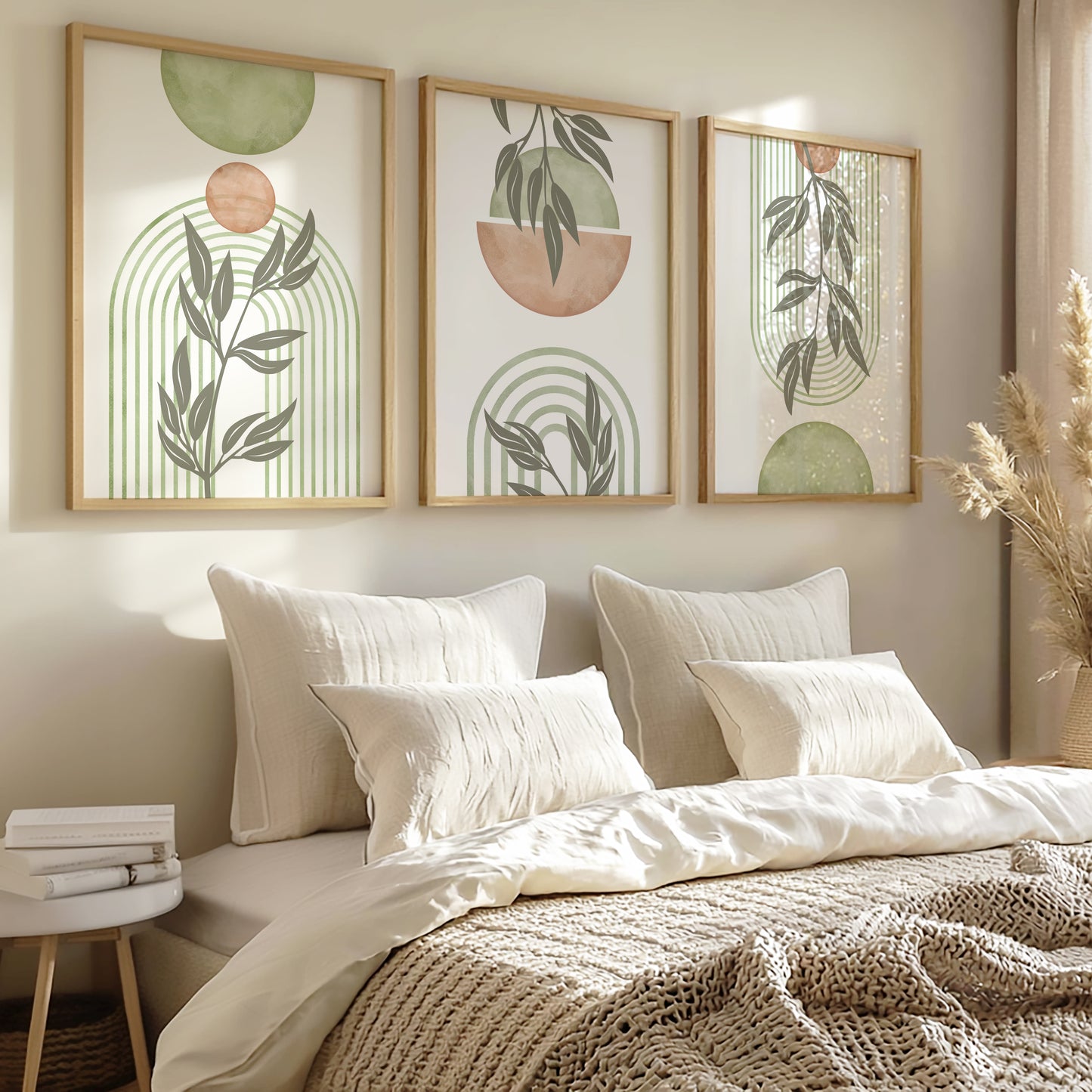 Set of 3 Sage Green and Blush Pink Boho Wall Prints, Mid Century Modern Wall Art