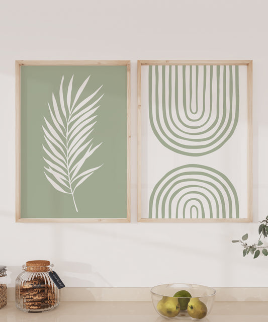 Set of 2 Sage Green Boho Prints, Palm Leaf and Boho Rainbow, Abstract Wall Art