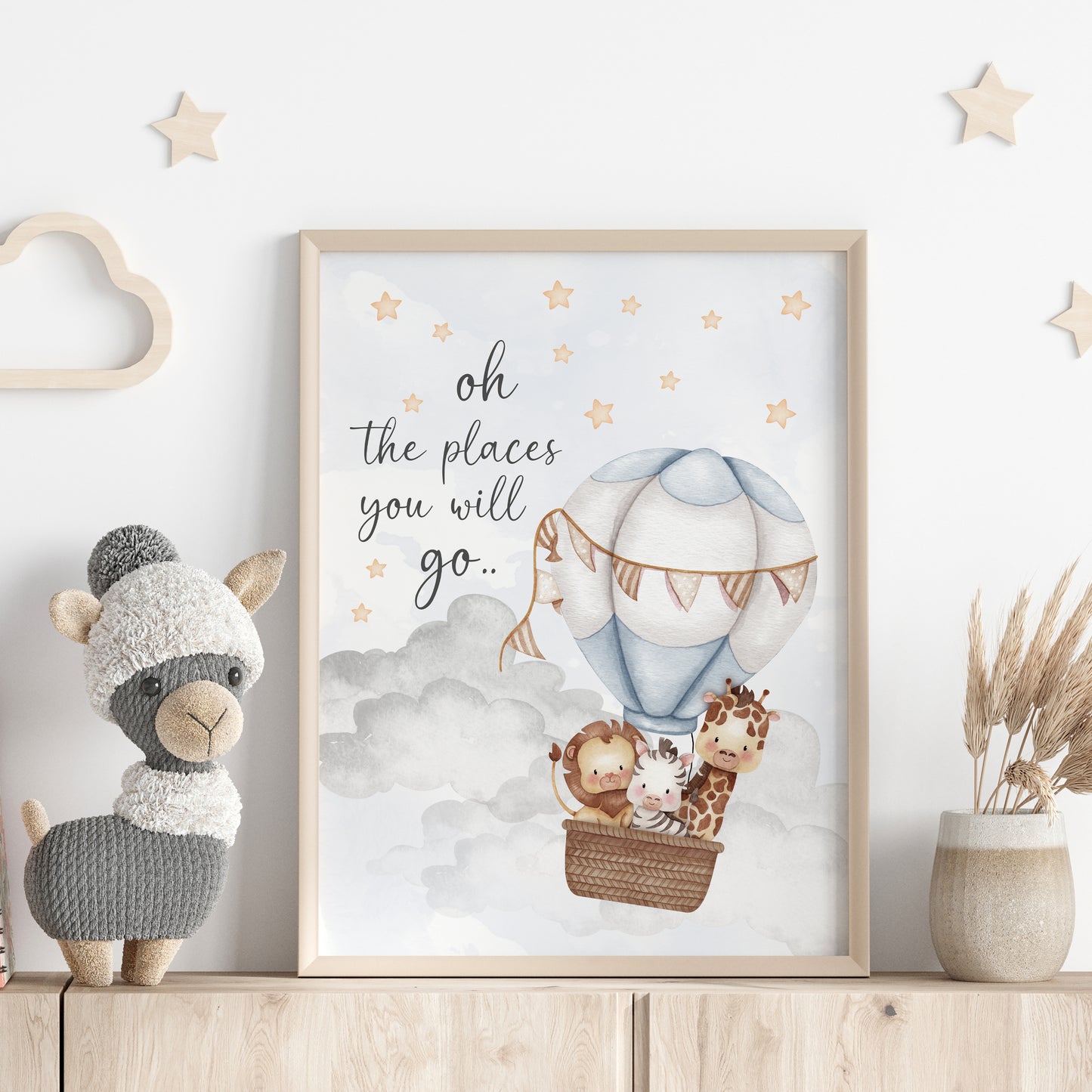 Oh The Places You Will Go, Whimsical Nursery Print, Blue Hot Air Balloon Nursery Print
