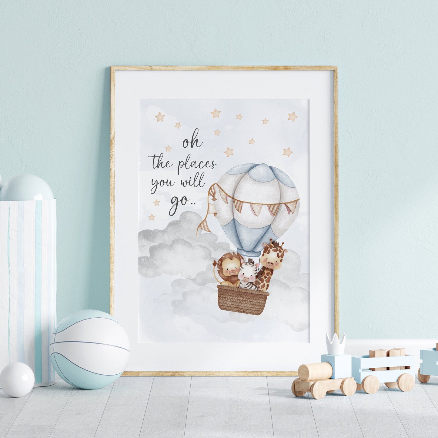 Oh The Places You Will Go, Whimsical Nursery Print, Blue Hot Air Balloon Nursery Print