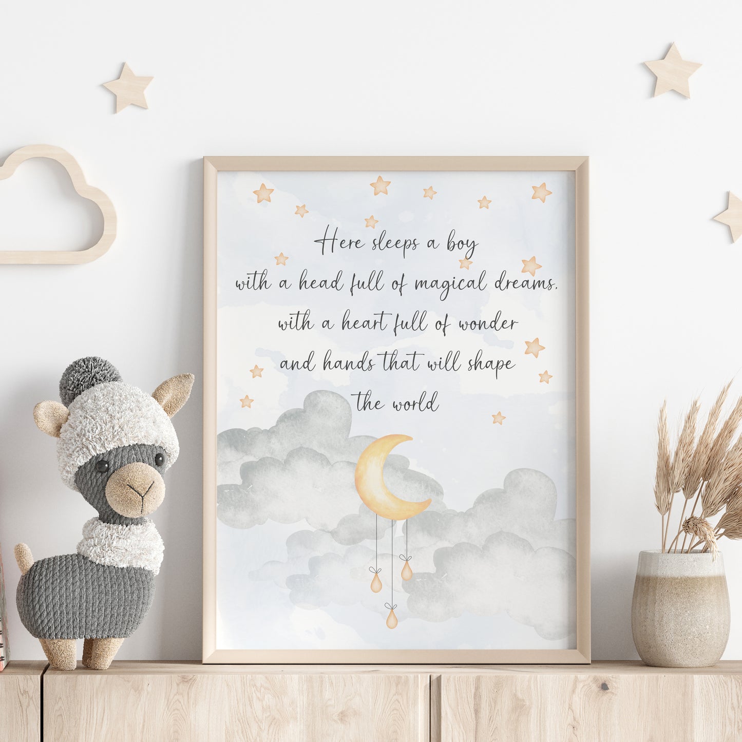 Whimsical Nursery Print, Here Sleeps a Boy, Boys Nursery Wall Art, Boys Room Poster