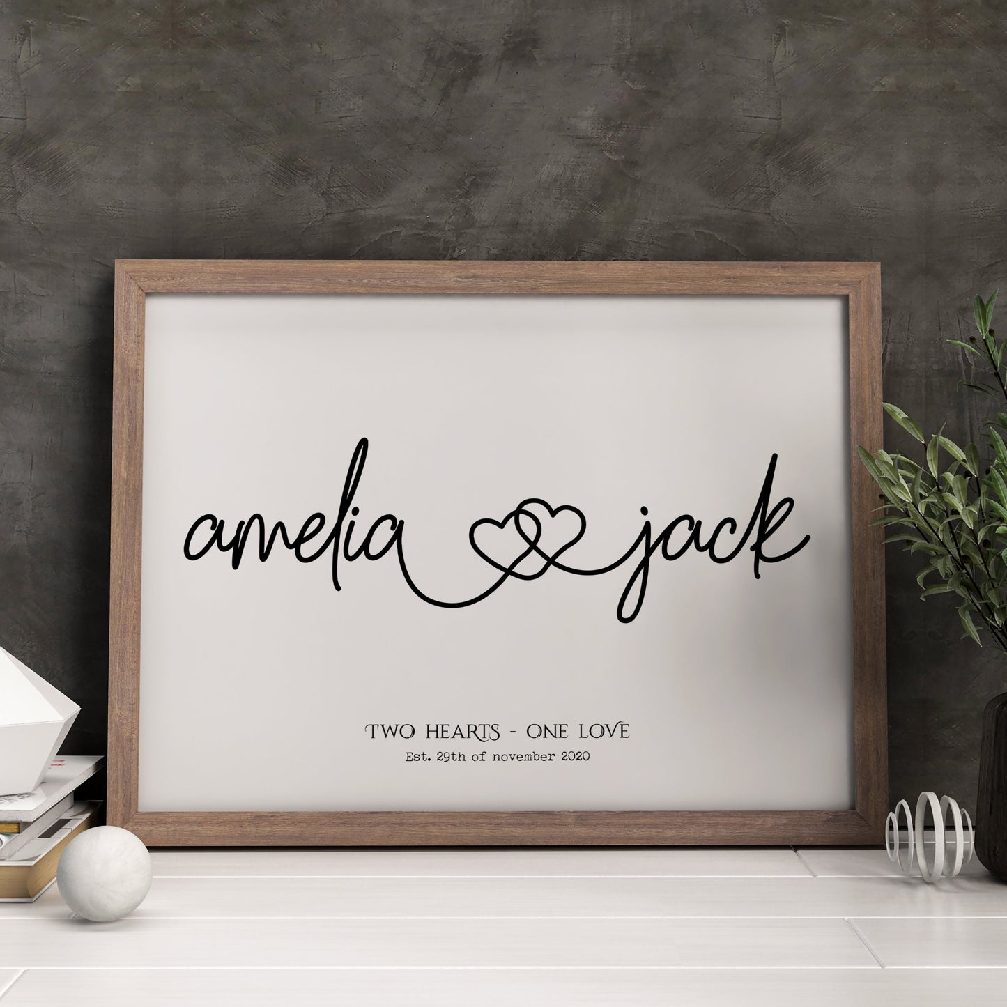 Two Hearts One Love, Personalised Couples Name Print