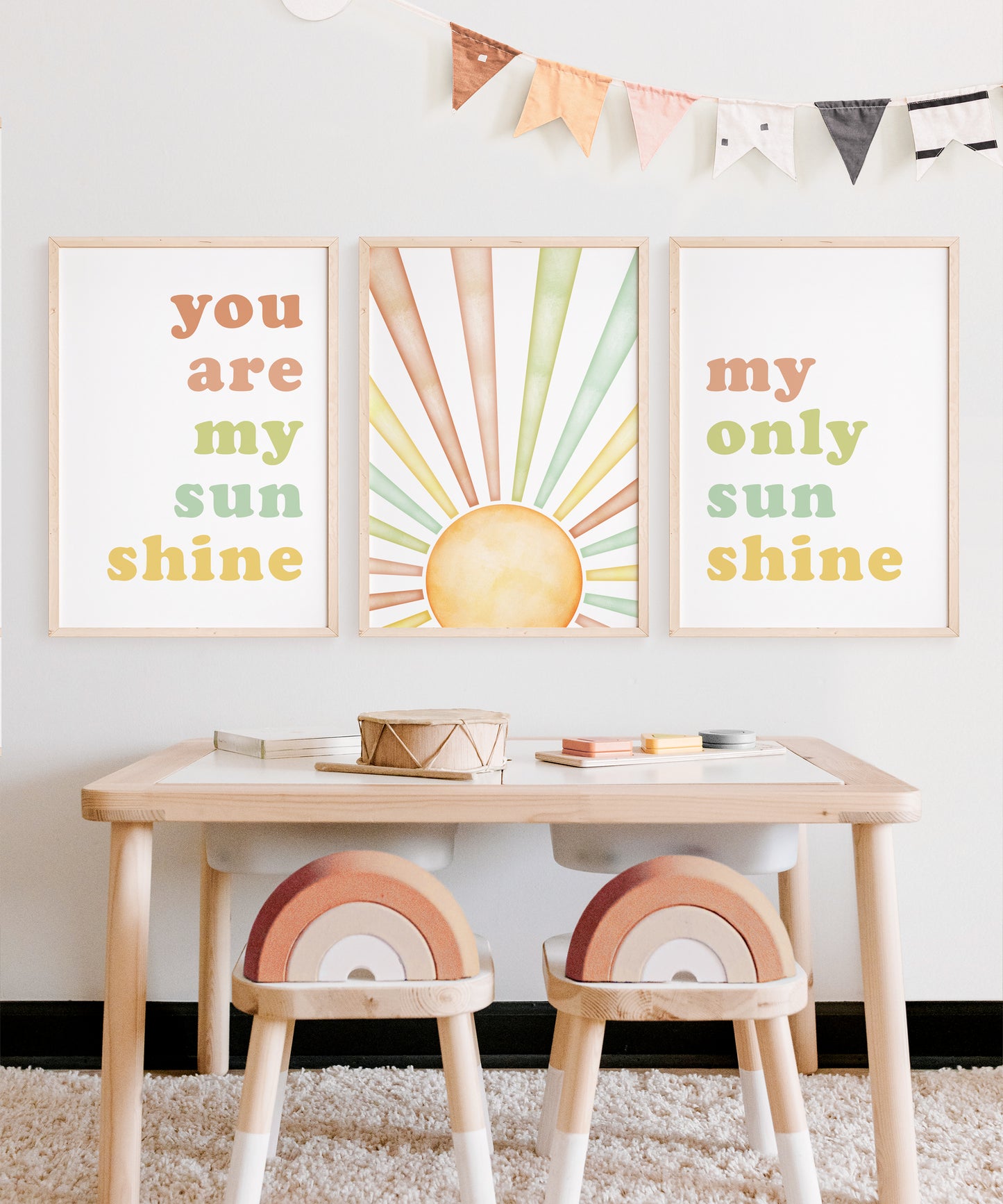 You Are My Sunshine, Pastel Sunrise Nursery Poster Set of 3, Gender Neutral, Childs Playroom Prints