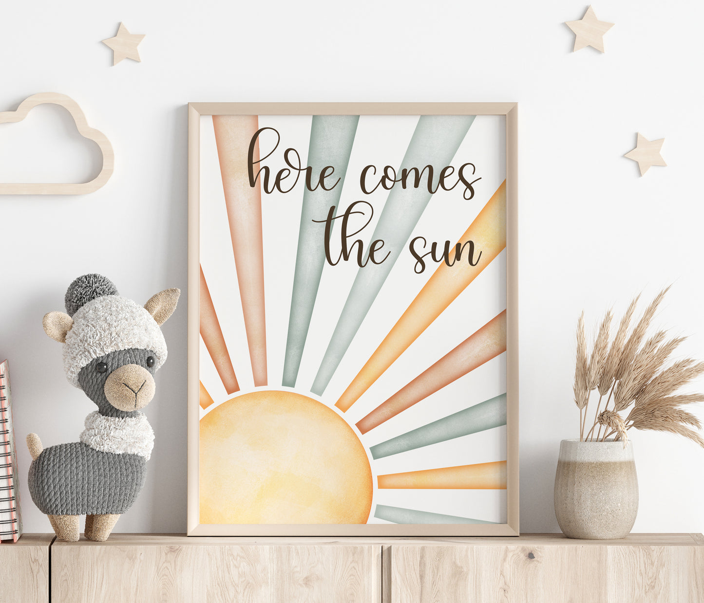 Set of 2 Pastel Sunrise and Sunset Nursery Prints, Here Comes the Sun Little Darling