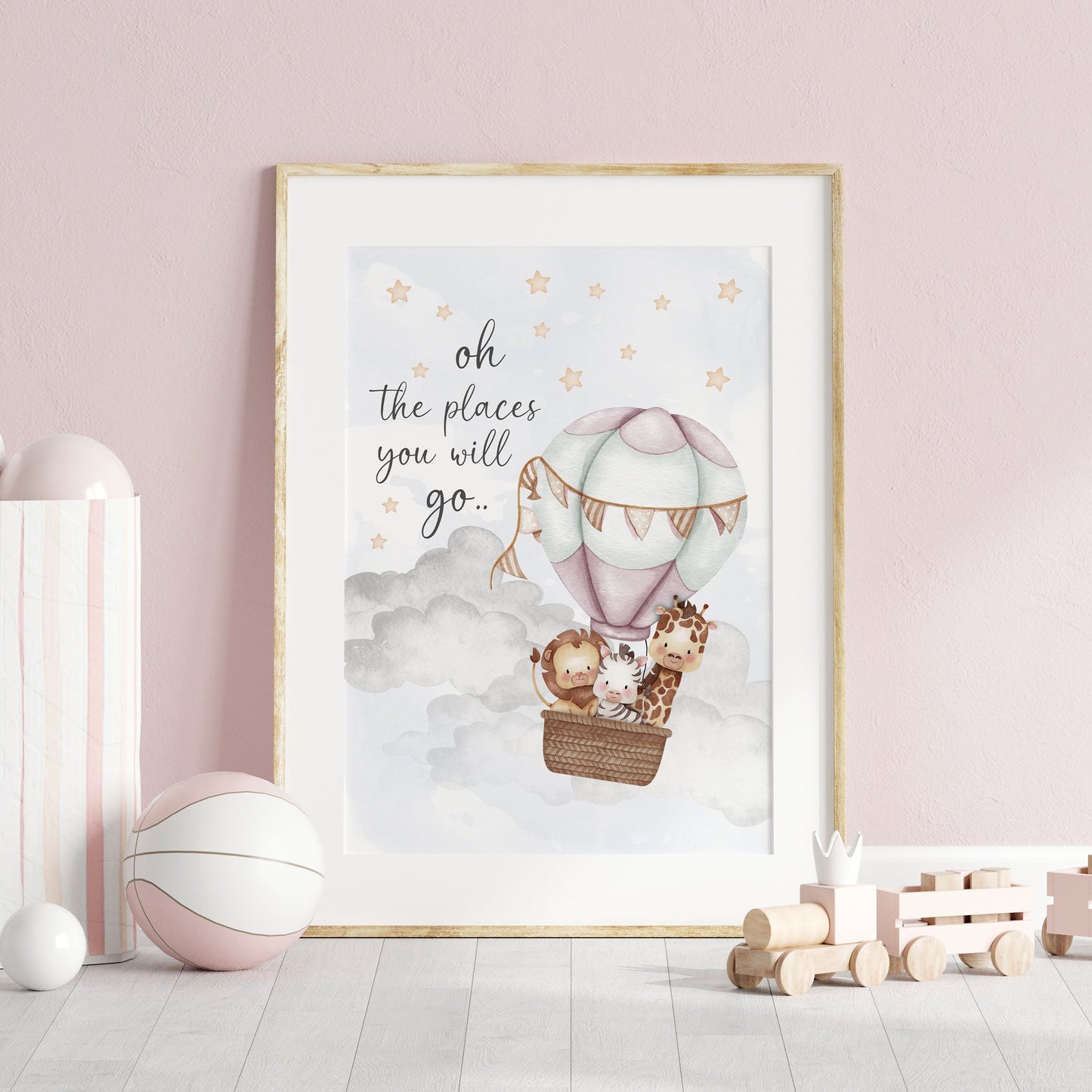 Oh The Places You Will Go, Whimsical Nursery Print, Pink Hot Air Balloon Nursery Print