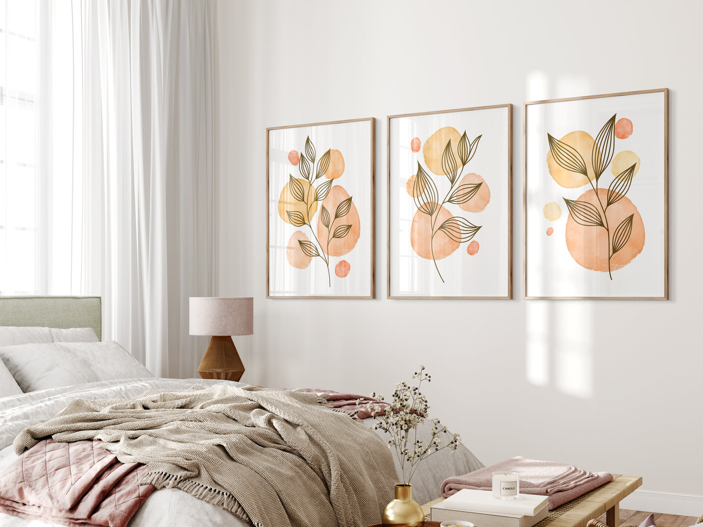 Set of 3 Blush Pink and Beige Wall Prints, Abstract Wall Art