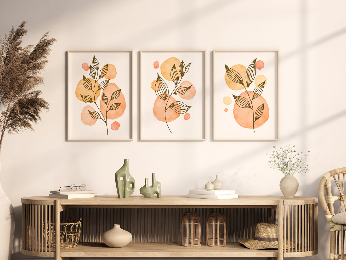 Set of 3 Blush Pink and Beige Wall Prints, Abstract Wall Art