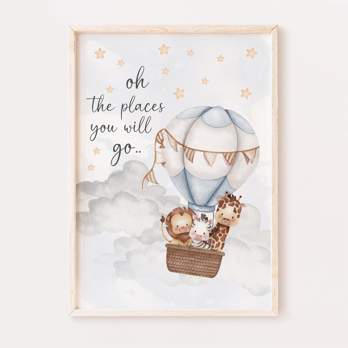 Oh The Places You Will Go, Whimsical Nursery Print, Blue Hot Air Balloon Nursery Print
