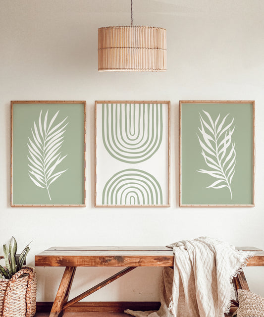Set of 3 Sage Green Boho Prints, Abstract Wall Art, Neutral Decor