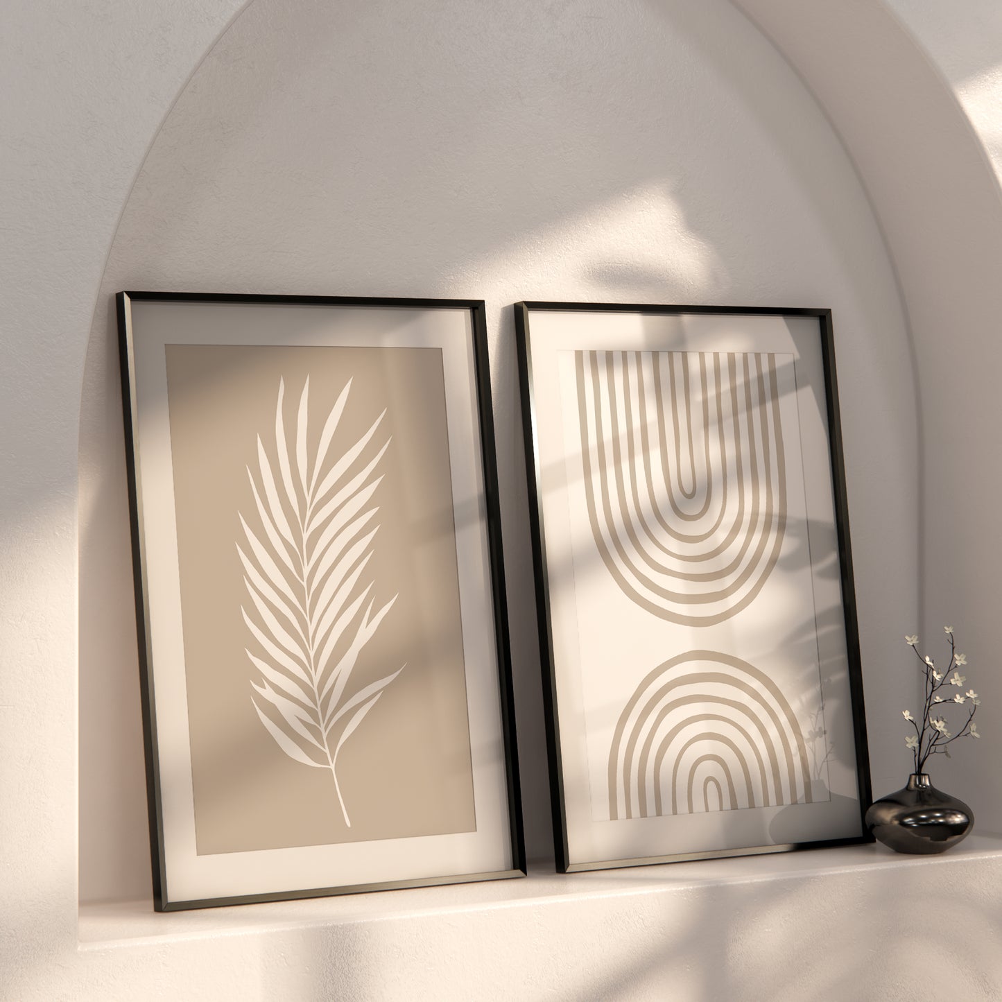 Set of 2 Beige Boho Prints, Palm Leaf and Boho Rainbow, Neutral Prints