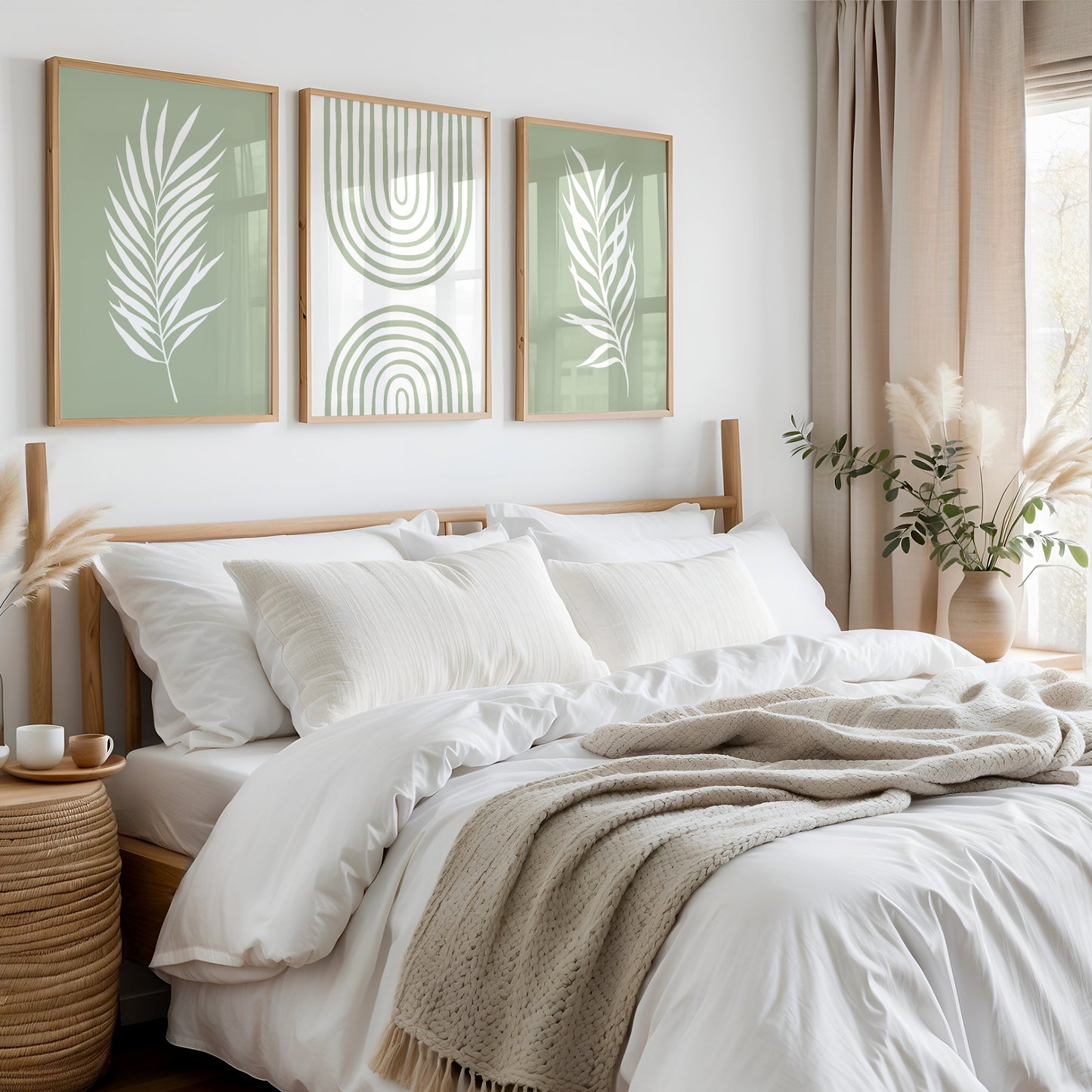 Set of 3 Sage Green Boho Prints, Abstract Wall Art, Neutral Decor
