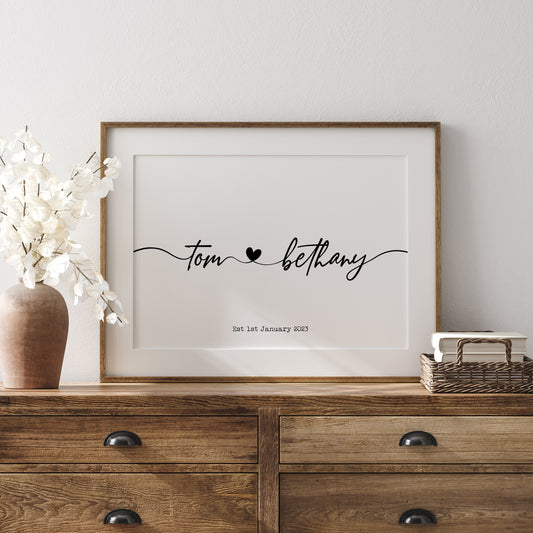 A personalised names print illustrating two names written in a fancy font joined by a heart in the middle. Underneath are couples anniversary or wedding date.