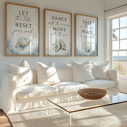 Set of 3 Coastal Ocean & Seashell Prints