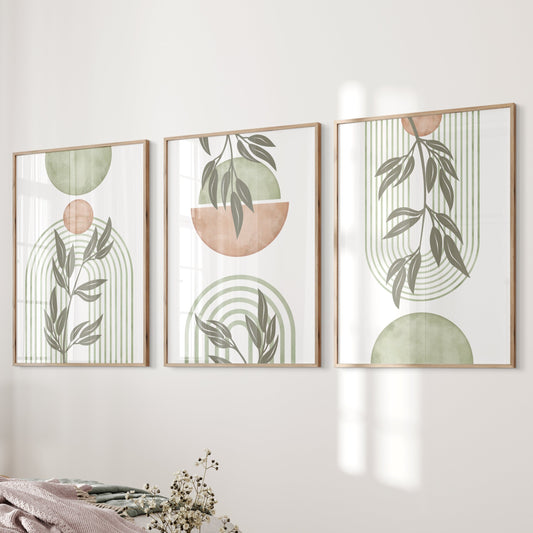 Set of 3 Sage Green and Blush Pink Boho Wall Prints, Mid Century Modern Wall Art