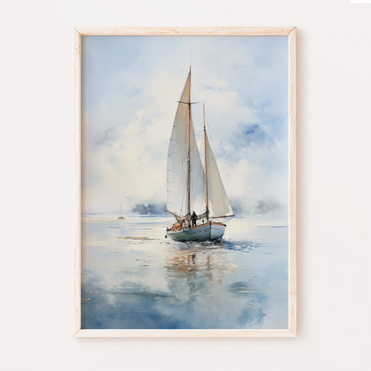 Framed watercolour artwork of a small sailboat on water with a light blue sky.