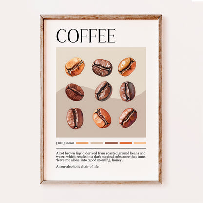 A framed coffee-themed art print featuring illustrated coffee beans, the word 'COFFEE' at the top, and a small dictionary-style definition at the bottom, shown against a light neutral background.