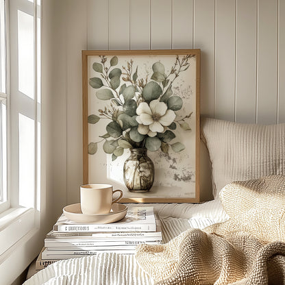 Framed floral artwork on a table with a cup and books in a cozy room.