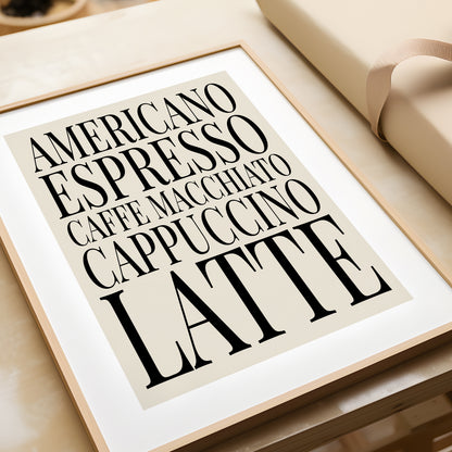 Coffee Names List - Kitchen Typography Print