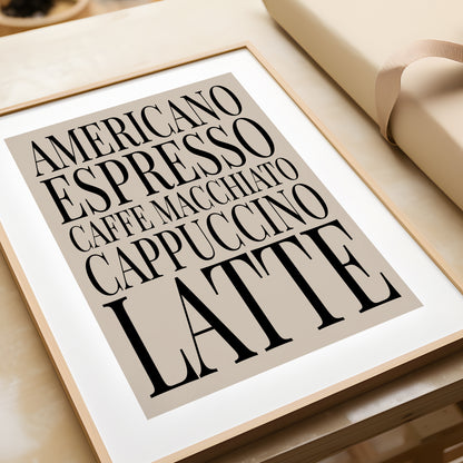 Coffee Names List - Kitchen Typography Print
