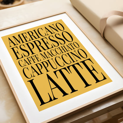 Coffee Names List - Kitchen Typography Print