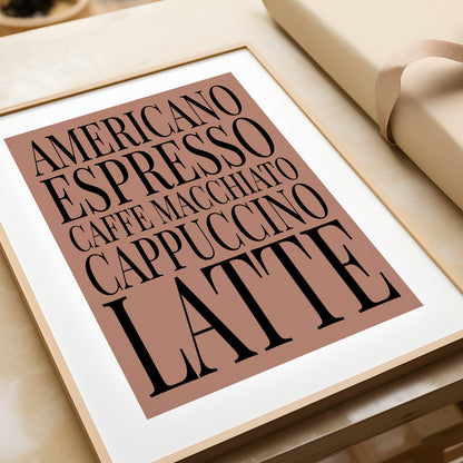 Coffee Names List - Kitchen Typography Print