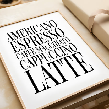 Coffee Names List - Kitchen Typography Print
