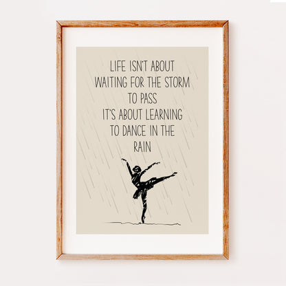 Framed motivational poster with dancer in rain illustration and quote on beige background
