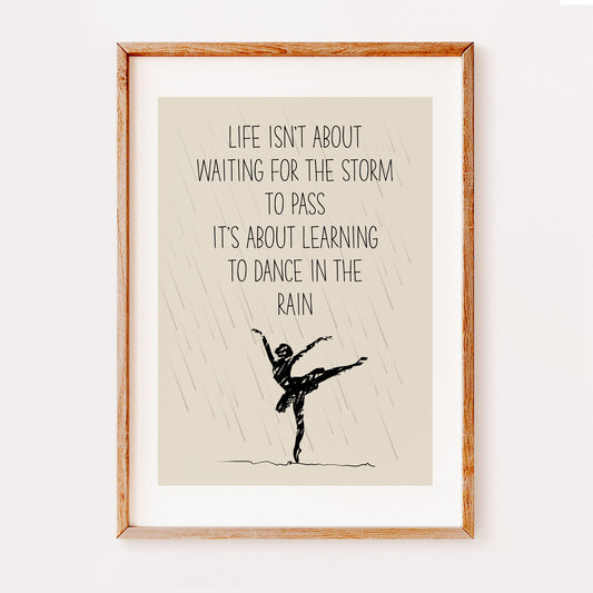 Framed motivational poster with dancer in rain illustration and quote on beige background