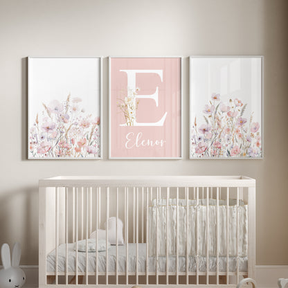 Girls Baby Name Initial Wildflower Print | Set of 3