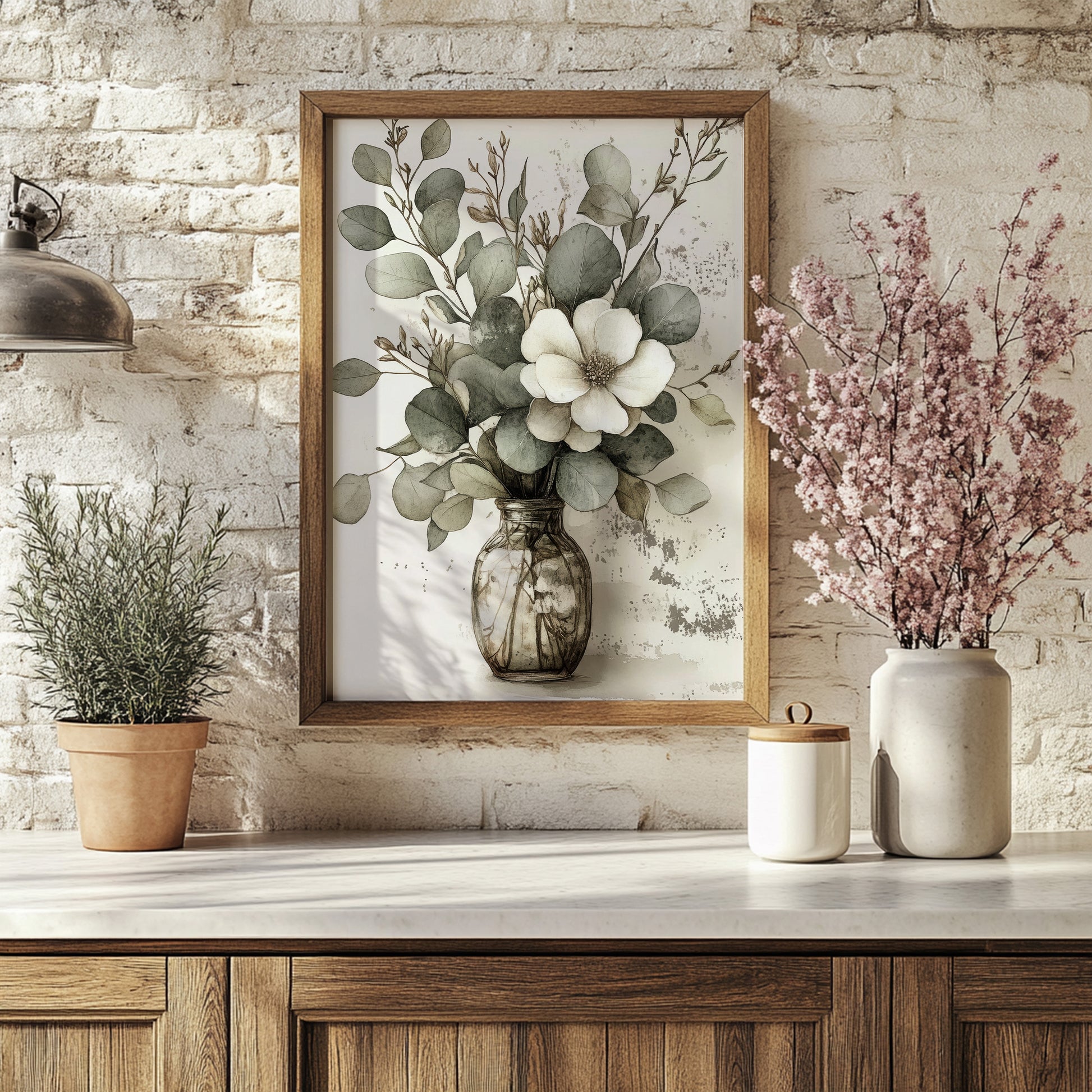 Decorative setup with a framed floral print, potted plants, and vases against a brick wall.