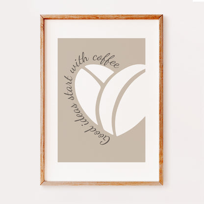 Good ideas start with coffee! A fabulous looking print that would make a great addition to any coffee bar or kitchen art prints collection. Featuring the quote wrapped around a large coffee bean in the shape of a heart set on a dark beige background.