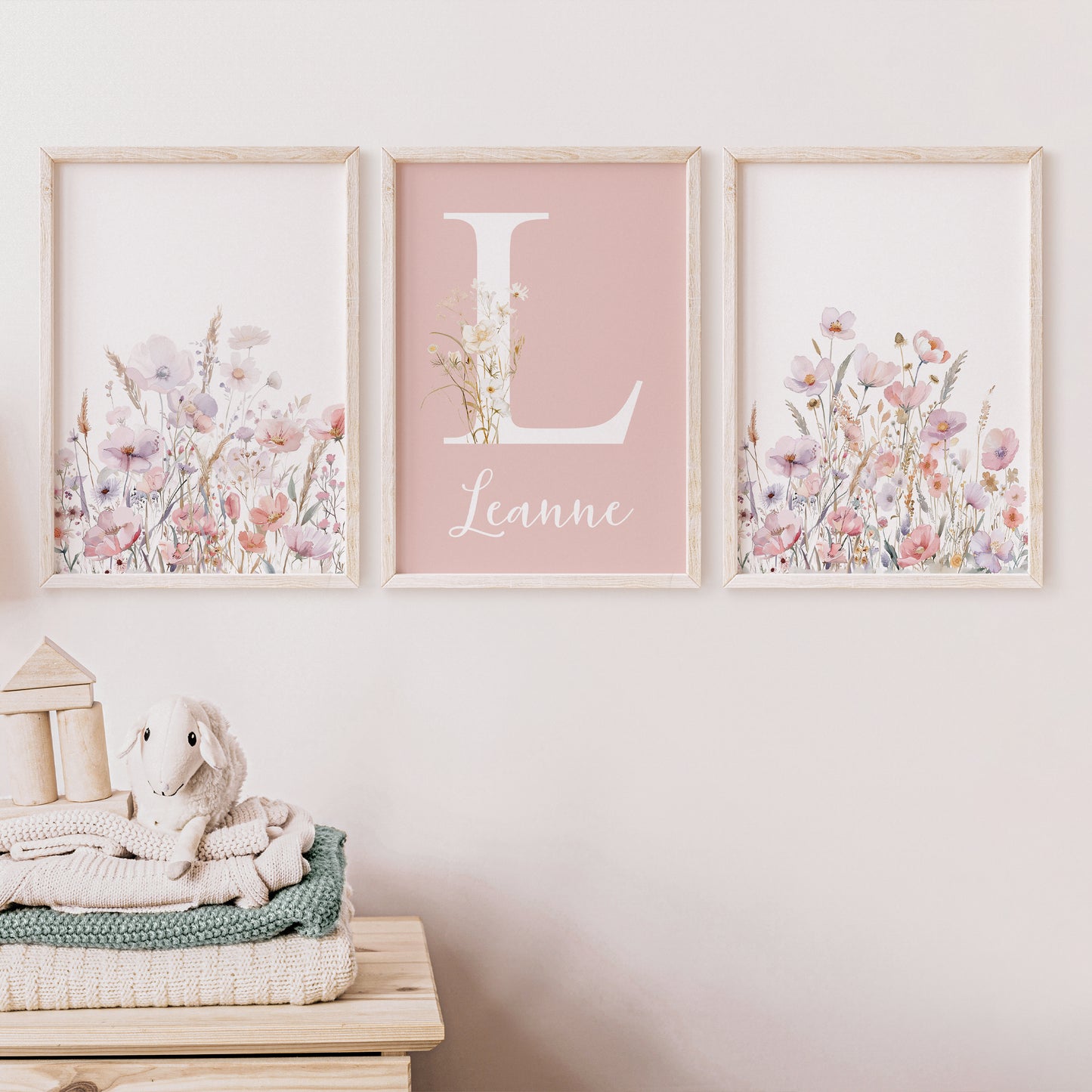 Girls Baby Name Initial Wildflower Print | Set of 3