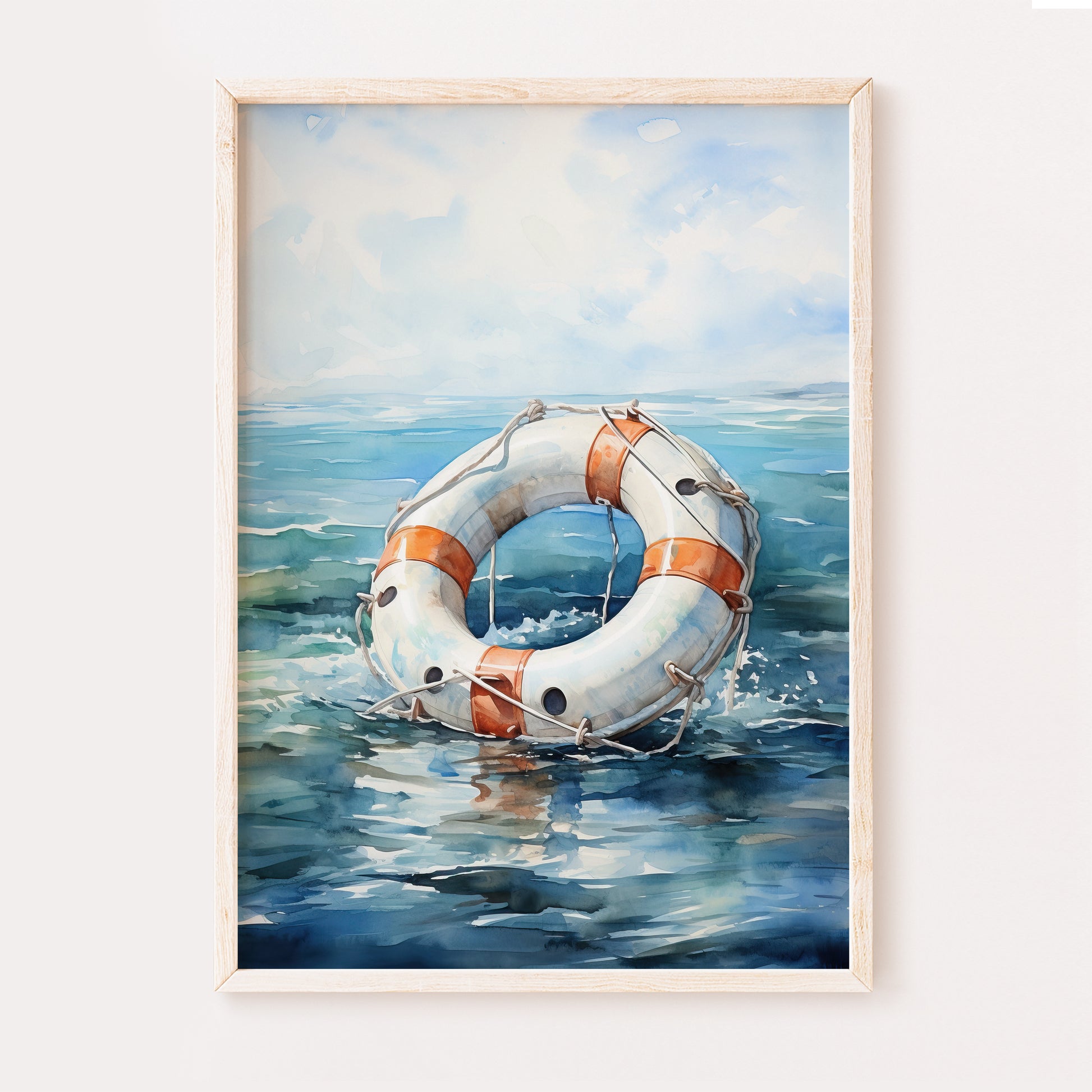 Watercolour style framed artwork print of a life buoy in water with a blue sky.
