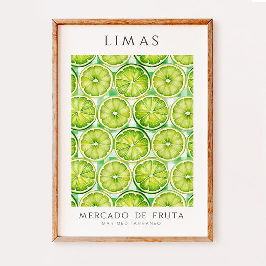 A colourful kitchen print illustrating watercolour images of sliced limes forming a pattern of circles of green with a checked pattern behind.
The text reads 'Limas', 'Mercado De Fruta' and 'Mar Meditarraneo'