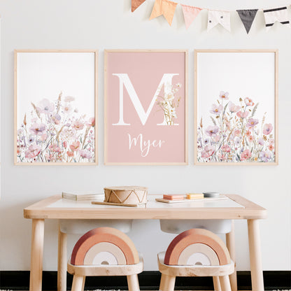 Girls Baby Name Initial Wildflower Print | Set of 3