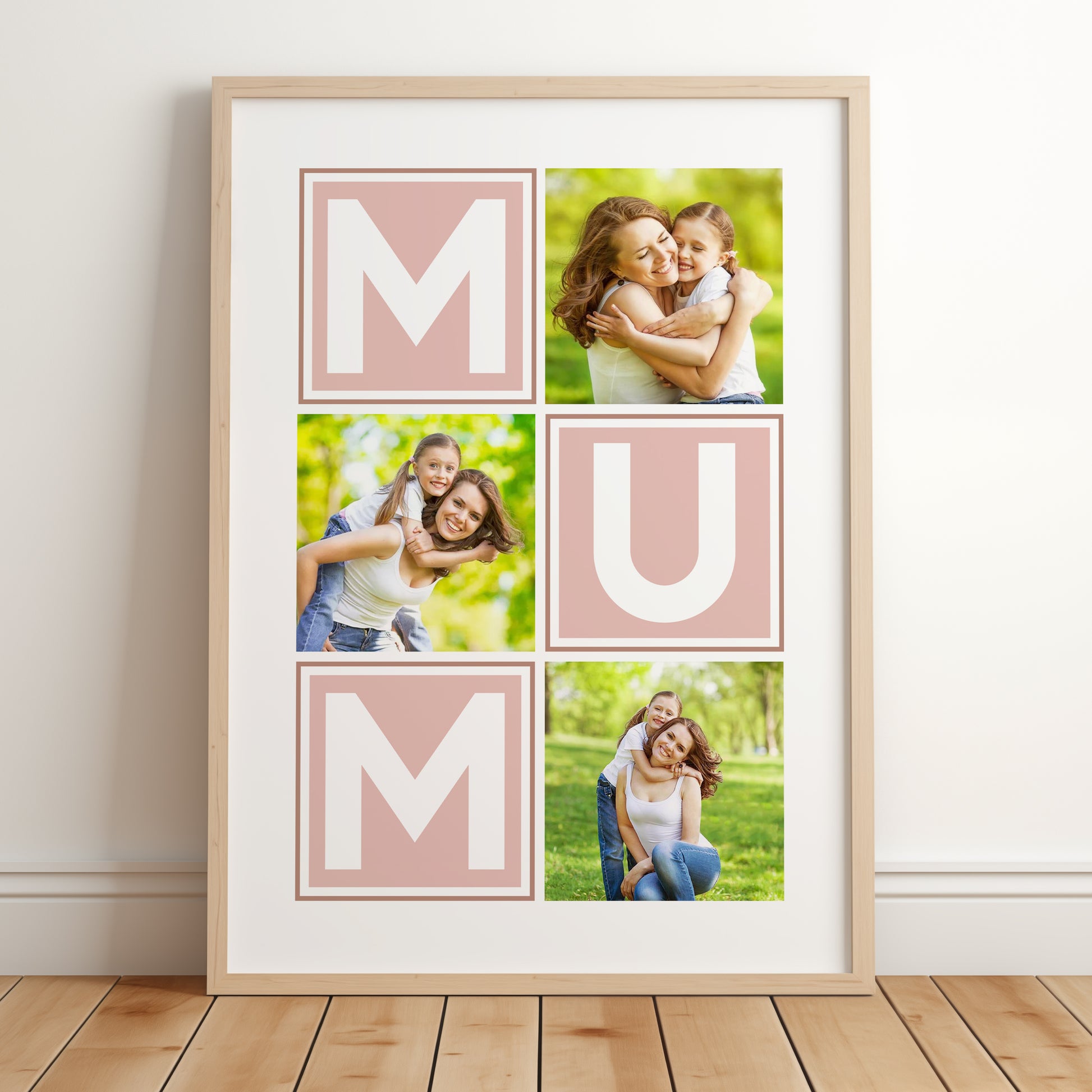 A personalised print for Mums featuring a collage of 3 of your own images and the word 'MUM' in large bold letters within square tiles. Personalise this design with choosing your own primary colour.