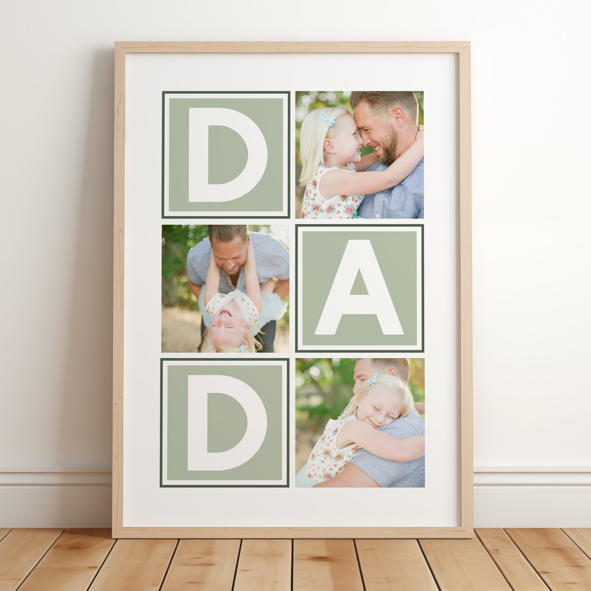 A personalised print for Dads featuring a collage of 3 of your own images and the word 'DAD' in large bold letters within square tiles. Personalise this design with choosing your own primary colour.