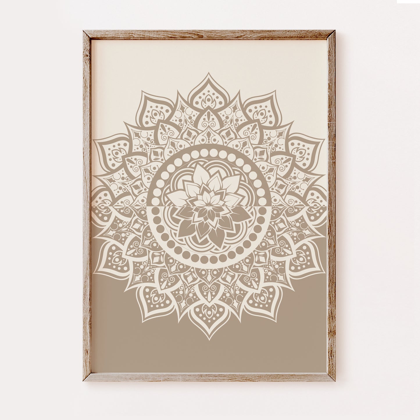 Minimalist beige mandala wall art featuring detailed floral symmetry, perfect for boho and Scandinavian décor.