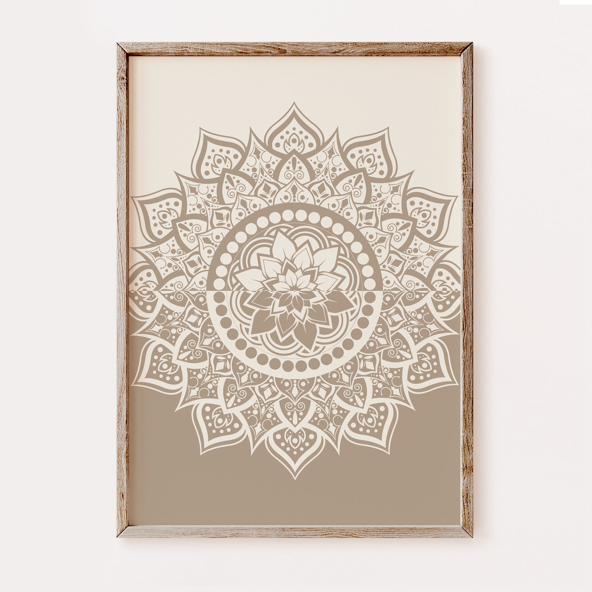 Minimalist beige mandala wall art featuring detailed floral symmetry, perfect for boho and Scandinavian décor.