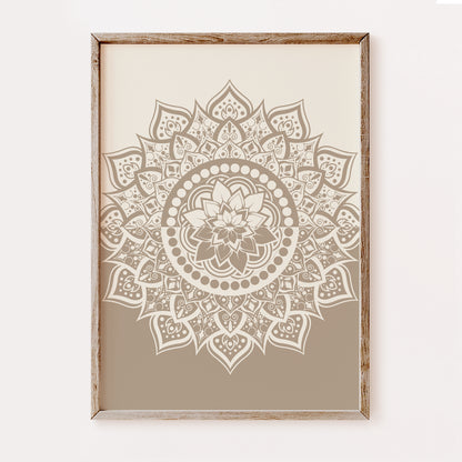 Minimalist beige mandala wall art featuring detailed floral symmetry, perfect for boho and Scandinavian décor.