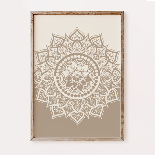 Minimalist beige mandala wall art featuring detailed floral symmetry, perfect for boho and Scandinavian décor.