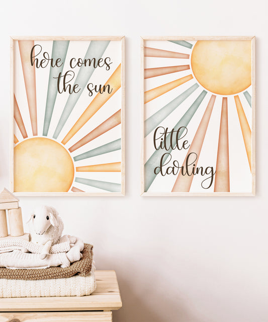 Set of 2 Pastel Sunrise and Sunset Nursery Prints, Here Comes the Sun Little Darling