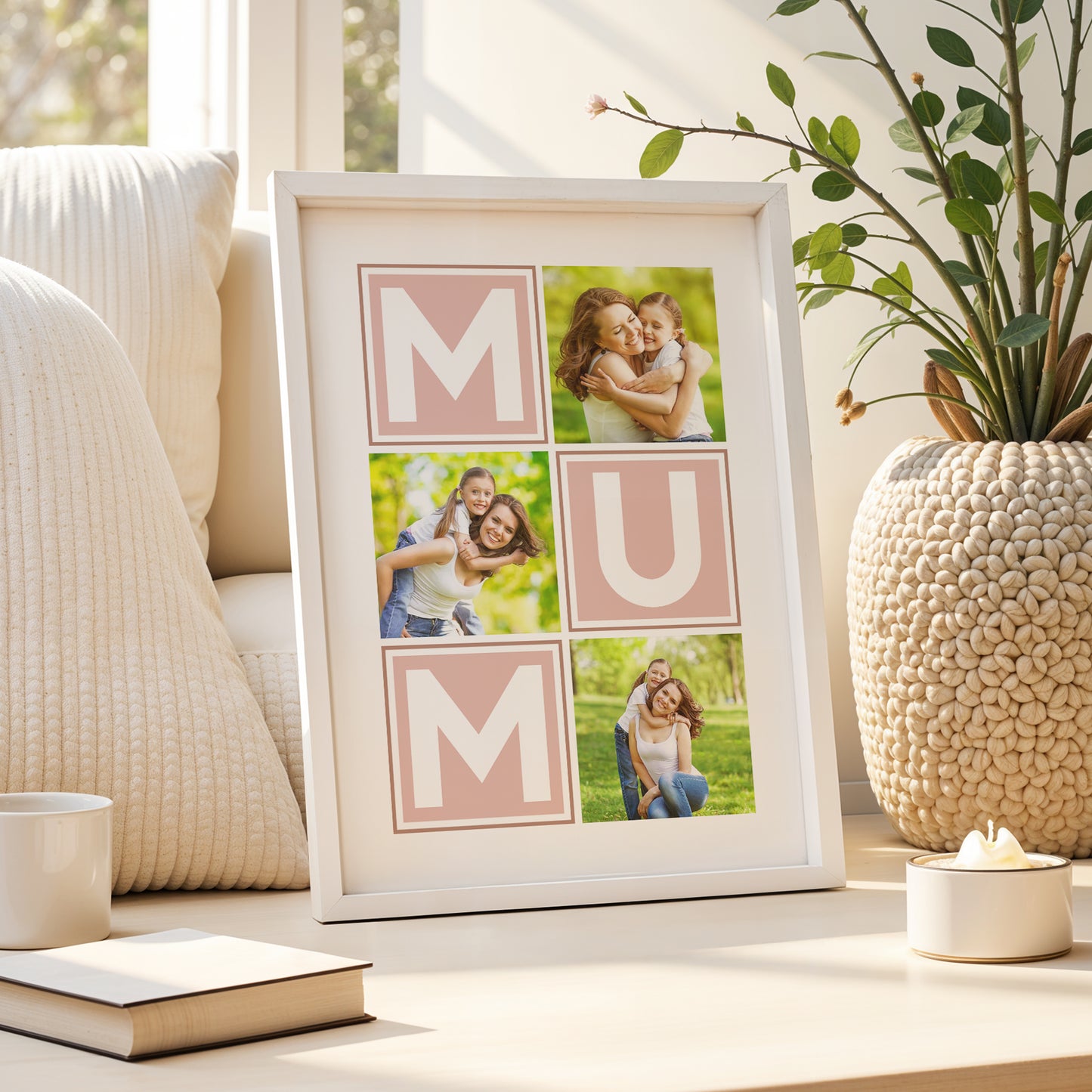 A personalised print for Mums featuring a collage of 3 of your own images and the word 'MUM' in large bold letters within square tiles. Personalise this design with choosing your own primary colour.