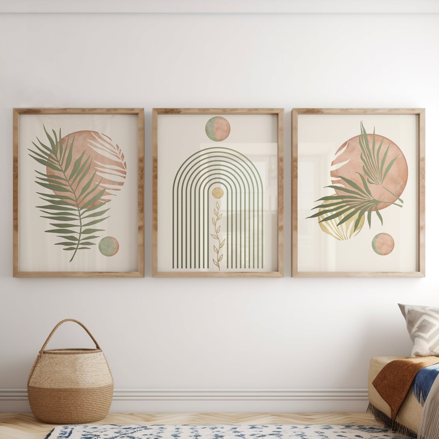 Set of 3 Palm Leaf Art Prints, Sage Green and Blush Pink Wall Art, Boho Poster Set of 3