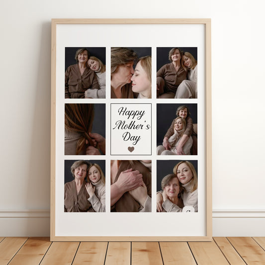 A photo collage as a gift for Mums on Mothers Day or Birthdays featuring 8 of your own photos with a personalised text message in the middle.
There are 9 rectangle tiles in total with the 8 images placed around the middle text tile.