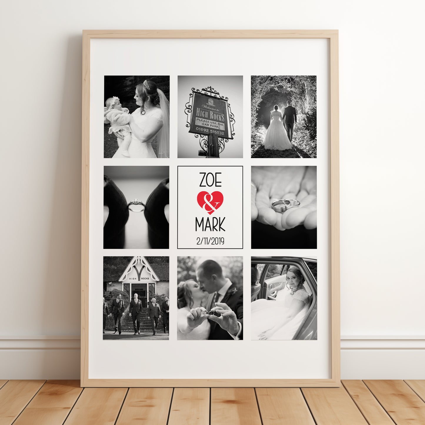 A personalised multi photo collage print displaying 8 of your own wedding images with the newly wed couples names and wedding date in the centre.