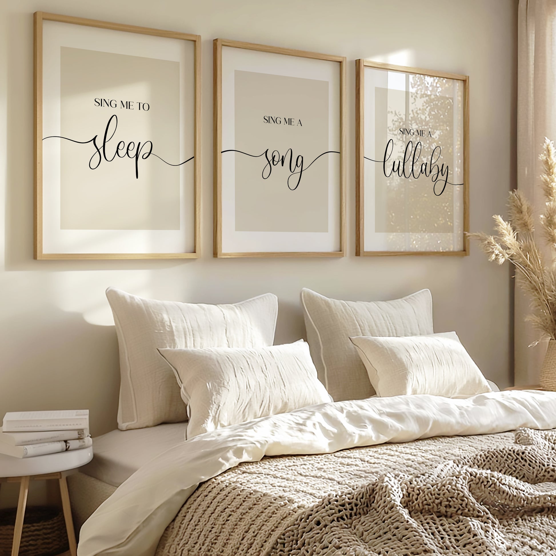 A set of 3 bedroom prints illustrating the words Sing me to sleep, Sing me a song, Sing me a lullaby' joined together with an elegant wavy black line and set on a range of background options for you to choose from.